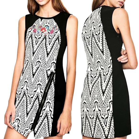 Desigual Oregon Dress Sleeveless Sheath Floral Embroidered Chevron Black White S - Picture 1 of 11
